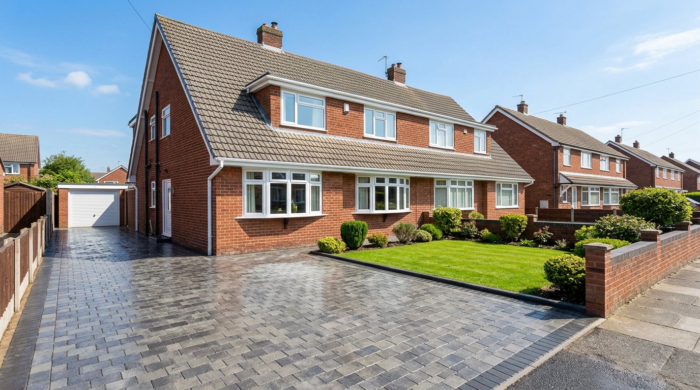 UK red-brick semi-detached house with a freshly cleaned block-paved driveway