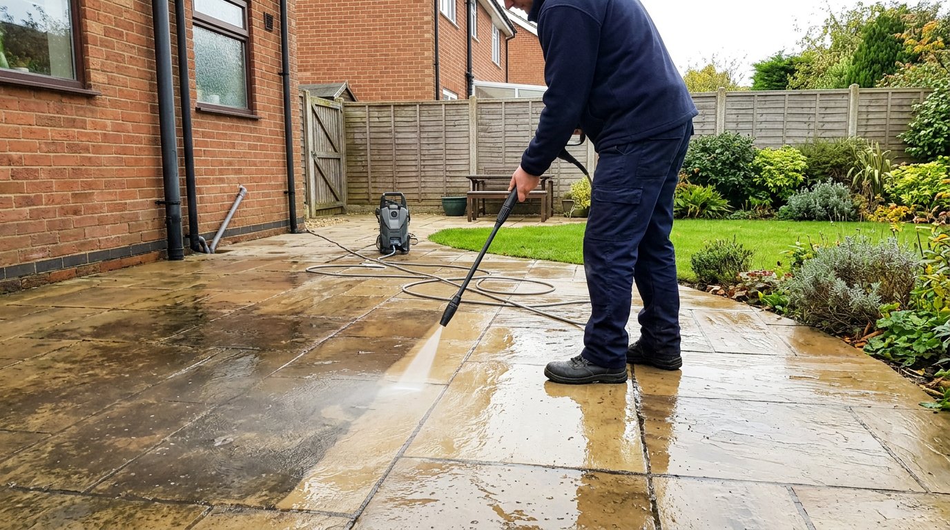 Pressure washing a sandstone patio in an English back garden
