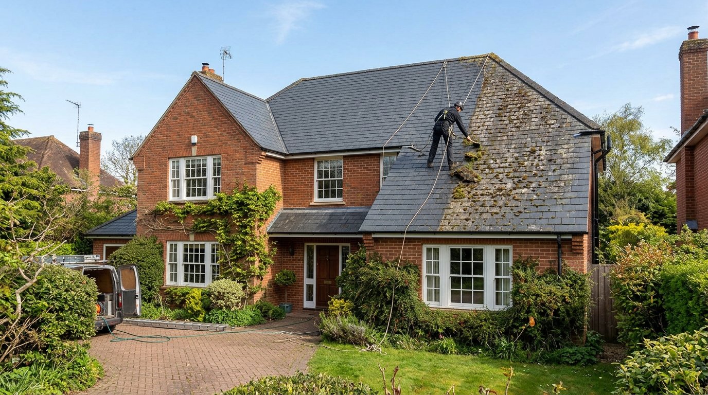 Roof cleaner removing moss from a slate roof on a UK detached house