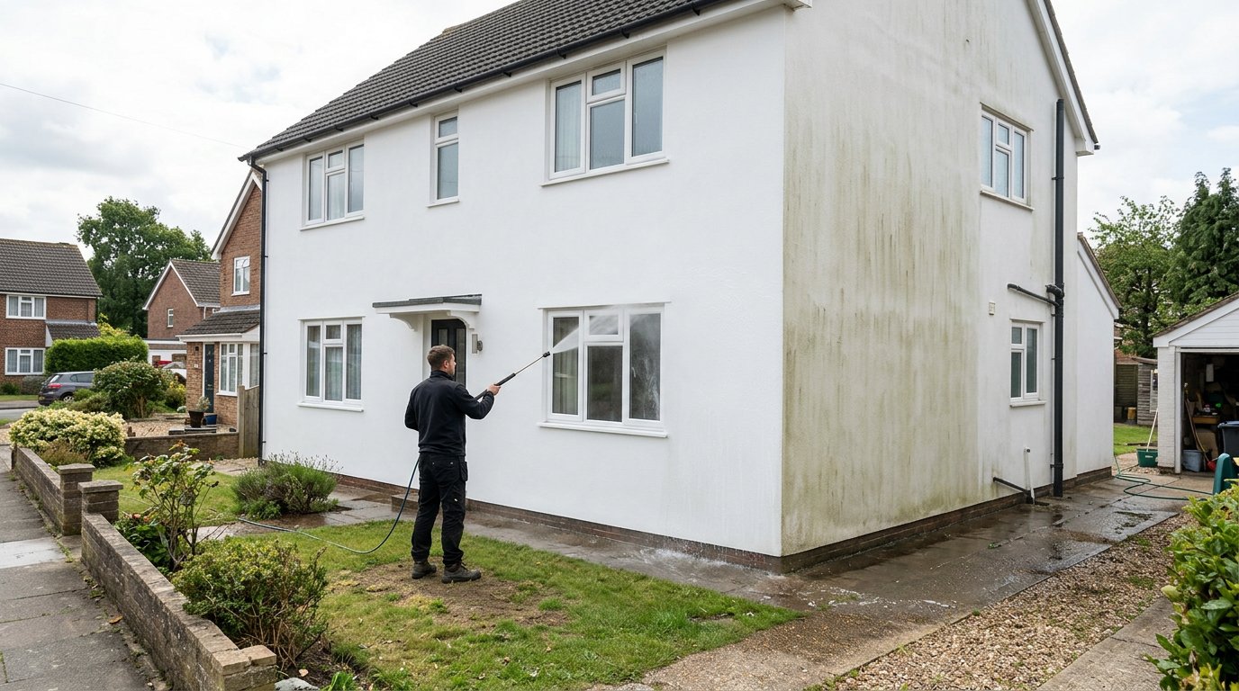 Soft washing white render on a UK house