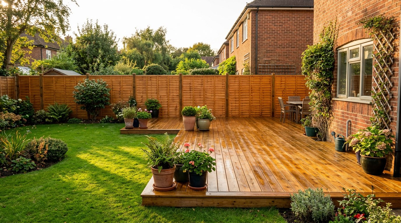 Freshly cleaned timber decking and fence in a UK garden