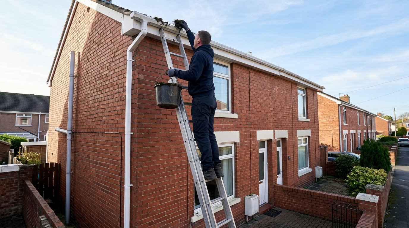 Gutter cleaning on a red-brick UK house