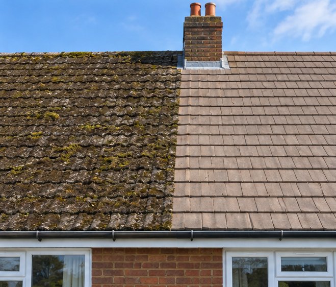 Roof Moss Removal - before and after